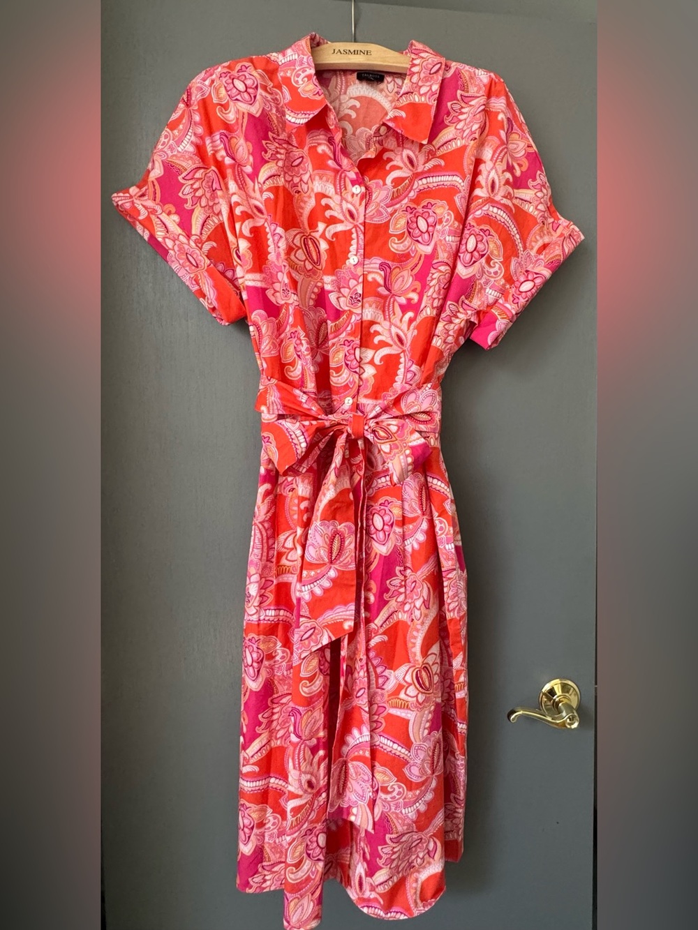 Talbots Sz 20W Pink and Coral Paisley Midi Shirt Dress with Tie Belt